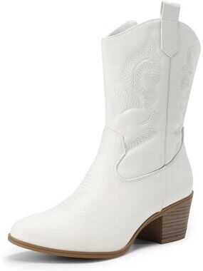 Women's White Mid Calf Cowgirl Boots with Embroidery Round Toe Chunky Low Heel